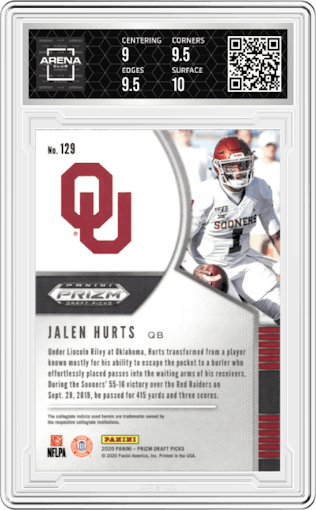 Jalen Hurts from the 2020 Panini Prizm Draft Picks set graded by Arena Club and given an overall grade of 9.5.