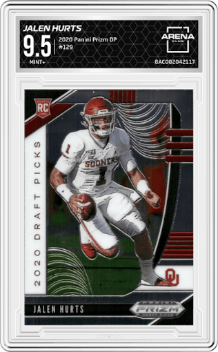 Jalen Hurts from the 2020 Panini Prizm Draft Picks set graded by Arena Club and given an overall grade of 9.5.