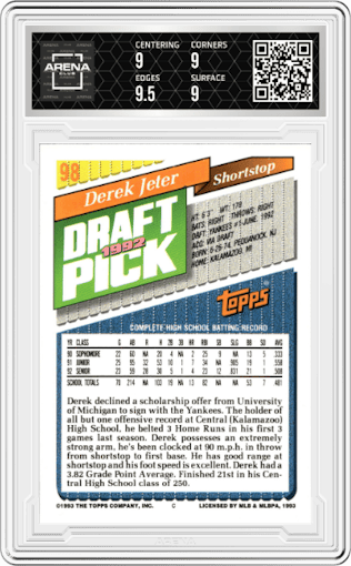 Derek Jeter from the 1993 Topps set graded by Arena Club and given an overall grade of 9.