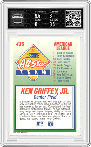 Ken Griffey Jr. from the 1992 Score set graded by Arena Club and given an overall grade of 8.5.