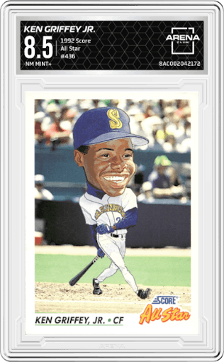 Ken Griffey Jr. from the 1992 Score set graded by Arena Club and given an overall grade of 8.5.