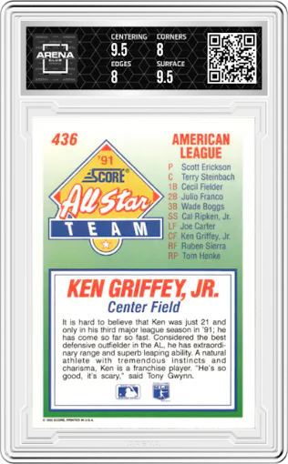 Ken Griffey Jr. from the 1992 Score set graded by Arena Club and given an overall grade of 8.5.