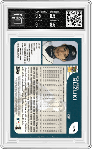 Ichiro Suzuki from the 2001 Topps set graded by Arena Club and given an overall grade of 9.