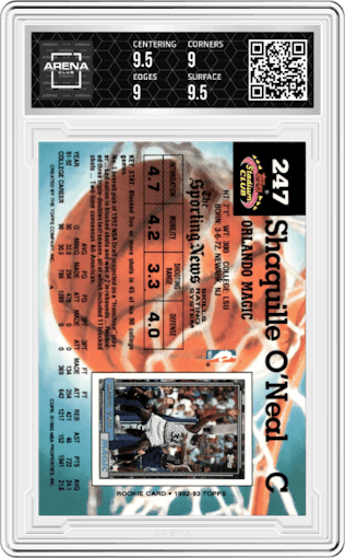 Shaquille O'Neal  from the 1992-93 Topps Stadium Club set graded by Arena Club and given an overall grade of 9.5.
