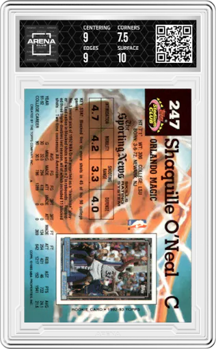 Shaquille O'Neal  from the 1992-93 Topps Stadium Club set featuring a Members Only parallel graded by Arena Club and given an overall grade of 8.