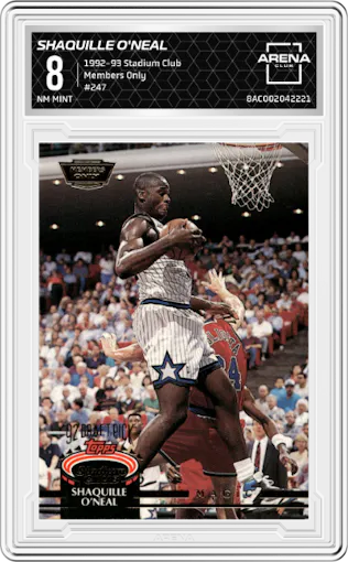 Shaquille O'Neal  from the 1992-93 Topps Stadium Club set featuring a Members Only parallel graded by Arena Club and given an overall grade of 8.