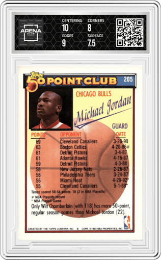 Michael Jordan from the 1992-93 Topps set featuring a Gold parallel graded by Arena Club and given an overall grade of 8.