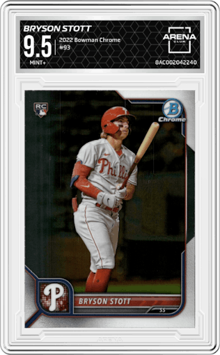 Bryson Stott  from the 2022 Bowman Chrome set graded by Arena Club and given an overall grade of 9.5.