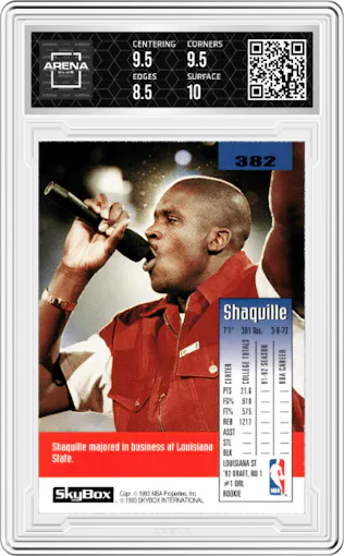 Shaquille O'Neal from the 1992-93 Skybox set graded by Arena Club and given an overall grade of 9.
