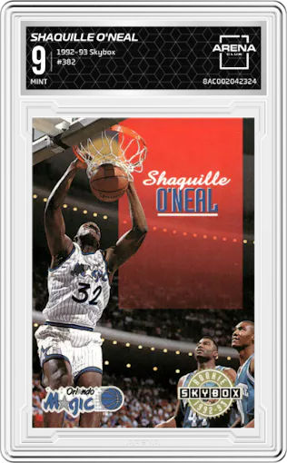 Shaquille O'Neal from the 1992-93 Skybox set graded by Arena Club and given an overall grade of 9.