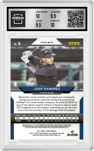  Jose Ramirez  from the 2021 Panini Prizm set featuring a Silver Prizm parallel graded by Arena Club and given an overall grade of 10.