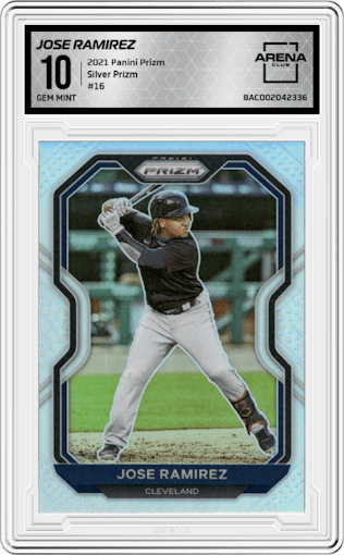  Jose Ramirez  from the 2021 Panini Prizm set featuring a Silver Prizm parallel graded by Arena Club and given an overall grade of 10.