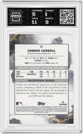 Corbin Carroll from the 2023 Topps Inception set graded by Arena Club and given an overall grade of 9.5.