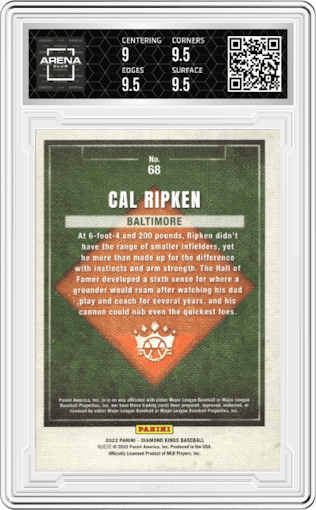 Cal Ripken from the 2022 Panini Diamond Kings set featuring a Gray Frame parallel graded by Arena Club and given an overall grade of 9.5.