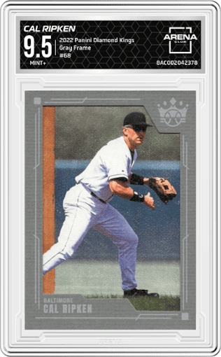 Cal Ripken from the 2022 Panini Diamond Kings set featuring a Gray Frame parallel graded by Arena Club and given an overall grade of 9.5.