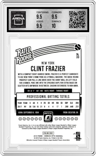 Clint Frazier from the 2018 Panini Donruss Optic set graded by Arena Club and given an overall grade of 10.