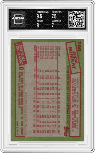 Eddie Murray from the 1985 Topps set graded by Arena Club and given an overall grade of 7.5.