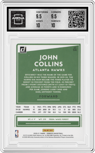 John Collins from the 2020-21 Panini Donruss set featuring a Orange Laser parallel graded by Arena Club and given an overall grade of 10.