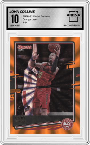 John Collins from the 2020-21 Panini Donruss set featuring a Orange Laser parallel graded by Arena Club and given an overall grade of 10.