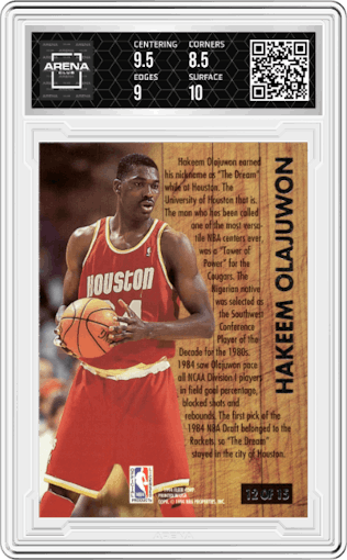 Hakeem Olajuwon from the 1993-94 Fleer Ultra set graded by Arena Club and given an overall grade of 9.