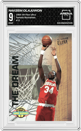 Hakeem Olajuwon from the 1993-94 Fleer Ultra set graded by Arena Club and given an overall grade of 9.