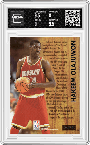 Hakeem Olajuwon from the 1993-94 Fleer Ultra set graded by Arena Club and given an overall grade of 8.5.