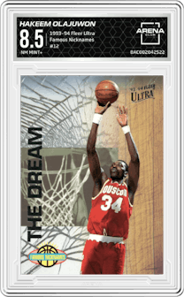 Hakeem Olajuwon from the 1993-94 Fleer Ultra set graded by Arena Club and given an overall grade of 8.5.