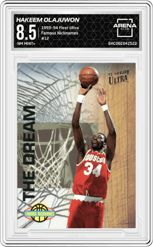 Hakeem Olajuwon from the 1993-94 Fleer Ultra set graded by Arena Club and given an overall grade of 8.5.