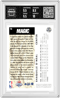 Shaquille O'Neal from the 1992-93 Upper Deck  set featuring a Trade Card parallel graded by Arena Club and given an overall grade of 9.