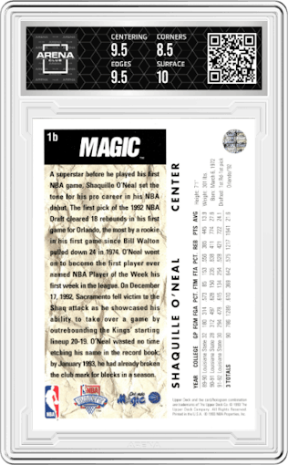 Shaquille O'Neal from the 1992-93 Upper Deck  set featuring a Trade Card parallel graded by Arena Club and given an overall grade of 9.