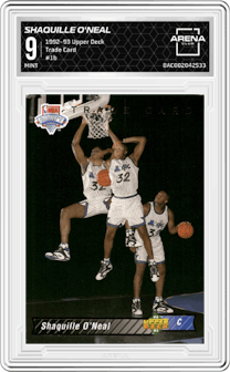 Shaquille O'Neal from the 1992-93 Upper Deck  set featuring a Trade Card parallel graded by Arena Club and given an overall grade of 9.