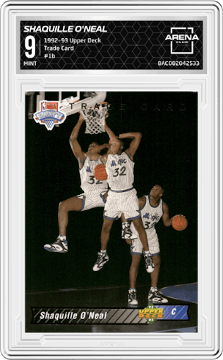 Shaquille O'Neal from the 1992-93 Upper Deck  set featuring a Trade Card parallel graded by Arena Club and given an overall grade of 9.