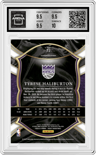 Tyrese Haliburton from the 2020-21 Panini Select  set graded by Arena Club and given an overall grade of 10.