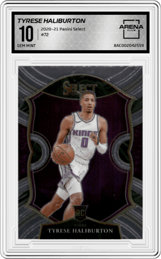 Tyrese Haliburton from the 2020-21 Panini Select  set graded by Arena Club and given an overall grade of 10.