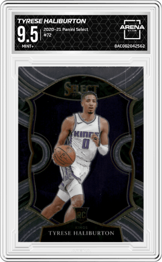 Tyrese Haliburton from the 2020-21 Panini Select  set graded by Arena Club and given an overall grade of 9.5.