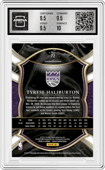 Tyrese Haliburton from the 2020-21 Panini Select  set graded by Arena Club and given an overall grade of 10.