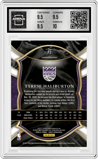 Tyrese Haliburton from the 2020-21 Panini Select  set graded by Arena Club and given an overall grade of 10.