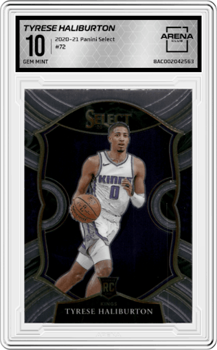 Tyrese Haliburton from the 2020-21 Panini Select  set graded by Arena Club and given an overall grade of 10.
