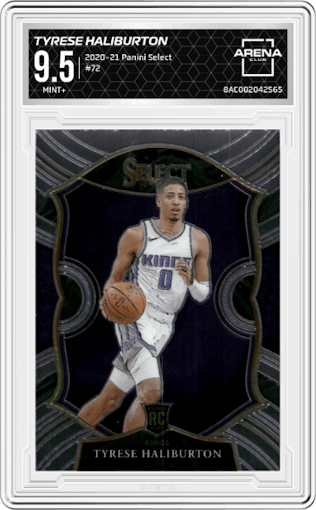 Tyrese Haliburton from the 2020-21 Panini Select  set graded by Arena Club and given an overall grade of 9.5.