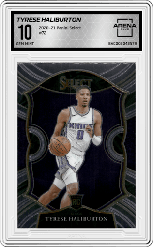 Tyrese Haliburton from the 2020-21 Panini Select  set graded by Arena Club and given an overall grade of 10.