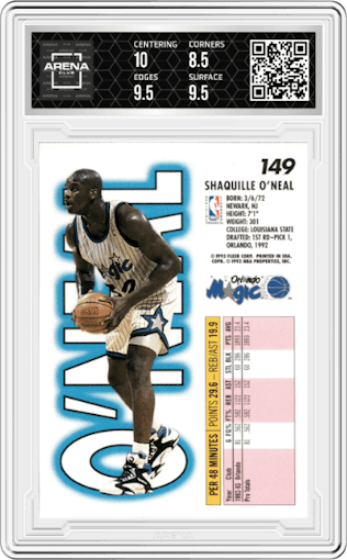  Shaquille O'Neal  from the 1993-94 Fleer set graded by Arena Club and given an overall grade of 9.