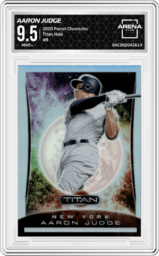 Aaron Judge from the 2020 Panini Chronicles set featuring a Holo parallel graded by Arena Club and given an overall grade of 9.5.