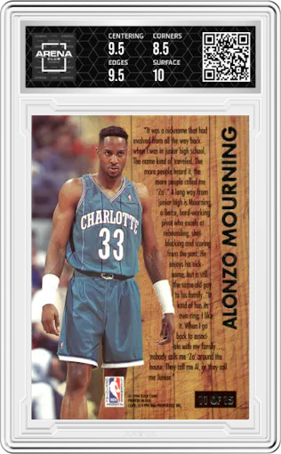 Alonzo Mourning from the 1993-94 Fleer Ultra set graded by Arena Club and given an overall grade of 9.
