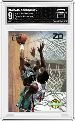 Alonzo Mourning from the 1993-94 Fleer Ultra set graded by Arena Club and given an overall grade of 9.