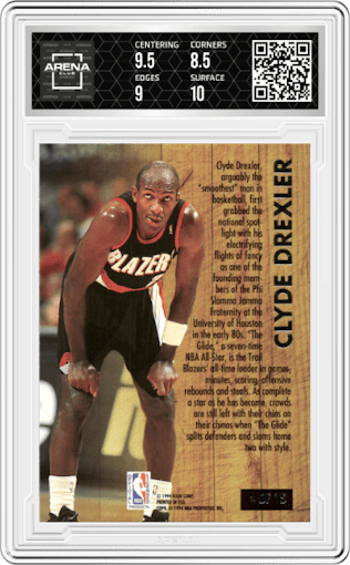 Clyde Drexler from the 1993-94 Fleer Ultra set graded by Arena Club and given an overall grade of 9.