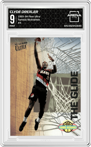 Clyde Drexler from the 1993-94 Fleer Ultra set graded by Arena Club and given an overall grade of 9.
