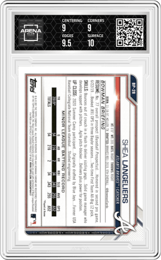 Shea Langeliers from the 2021 Bowman set featuring a Purple Border parallel graded by Arena Club and given an overall grade of 9.5.