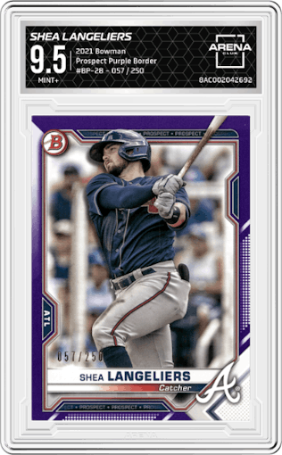 Shea Langeliers from the 2021 Bowman set featuring a Purple Border parallel graded by Arena Club and given an overall grade of 9.5.
