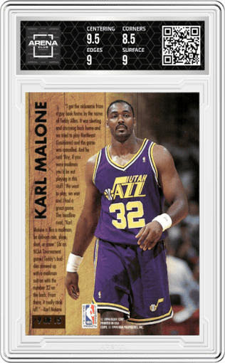 Karl Malone from the 1993-94 Fleer Ultra set graded by Arena Club and given an overall grade of 9.