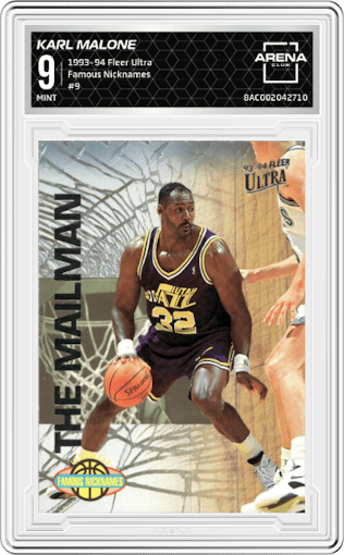 Karl Malone from the 1993-94 Fleer Ultra set graded by Arena Club and given an overall grade of 9.